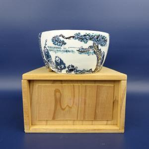 盆栽鉢 「紀伊赤絵山水図楕円鉢」 植木鉢 絵付鉢 作家鉢 磁器 共箱