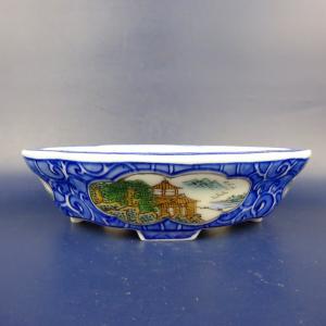 盆栽鉢 高山赤絵龍図楕円鉢 九谷峰山 絵付鉢 手描き 磁器 6号 17cm