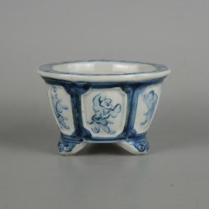 中古】盆栽鉢 初代 石田 祥石 小型 長辺 約 11.8cm 六角鉢 外縁 色絵