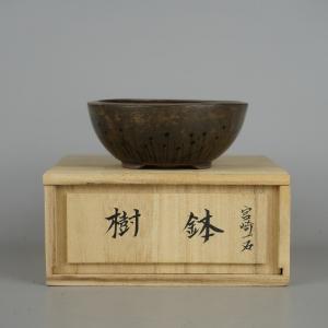 【中古】盆栽鉢 宮崎 一石 小型 長辺 約10.5cm 丸鉢 植物 絵鉢 共箱 観賞用 現品 中古鉢