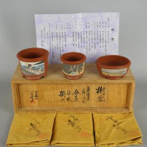 盆栽鉢 「紀伊赤絵山水図楕円鉢」 植木鉢 絵付鉢 作家鉢 磁器 共箱