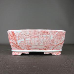 盆栽鉢 高山赤絵山水図木瓜式鉢 九谷峰山 絵付鉢 手描き 磁器 6号 17cm