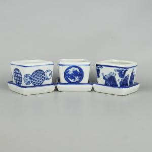 中古】盆栽鉢 初代 石田 祥石 小型 長辺 約 11.8cm 六角鉢 外縁 色絵