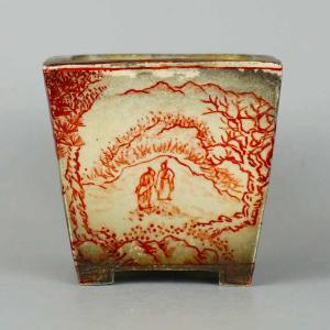 盆栽鉢 「高山染付山水図長方鉢」 植木鉢 絵付鉢 作家鉢 磁器 呉須 5号