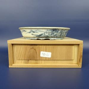 ♦染付山水図 長方角鉢 小品盆栽鉢 ミニ盆栽鉢 作家物 美術品 工芸品 骨董品 盆栽鉢 「高山染付山水図長方鉢」 植木鉢 絵付鉢 作家鉢 磁器 呉須 4号