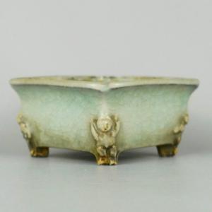 盆栽鉢 宗山造 小鉢 長辺 約 7.5cm 正方鉢 外縁 隅入 釉薬 現品 中古鉢