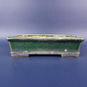 中古】盆栽鉢 山秋造 松泉焼 小型 長辺 約 19cm 正方鉢 額付 下帯 懸崖