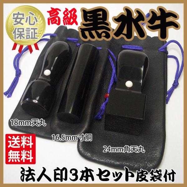 会社の印鑑　3本セット　黒水牛　皮袋付