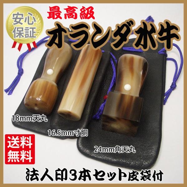 会社の印鑑　3本セット　オランダ水牛　皮袋付