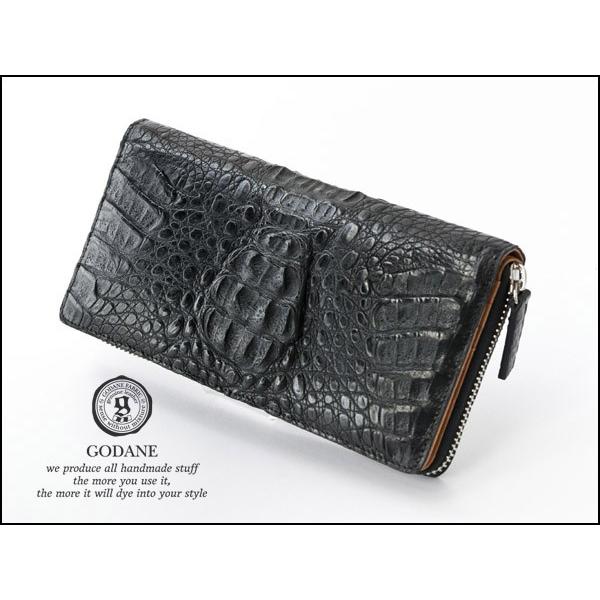 GODANE ゴダン 本革 クロコダイル ラウンドファスナー メンズ 長財布 黒 ブラック