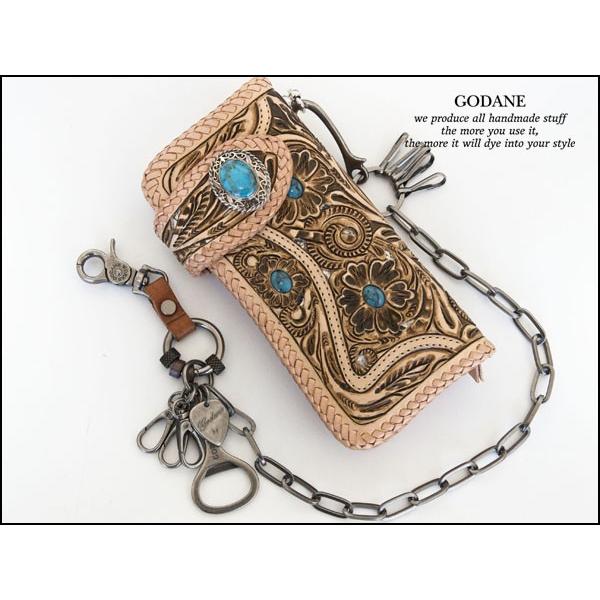 GODANE ゴダン 本革 財布 ウォレット 透かし彫り カービング ターコイズ 長財布 ダイヤモン...