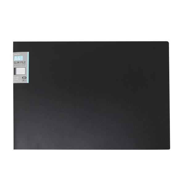スリムファイル A4ヨコ A4E 20ポケット クリアファイル ポケットファイル マットブラック 黒...