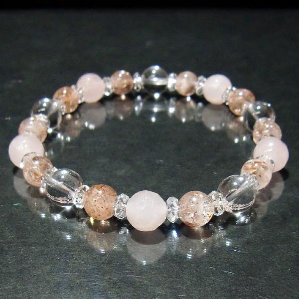 パワーストーンブレスレット ローズクォーツ・サンストーン・水晶ボタンカット【送料無料】