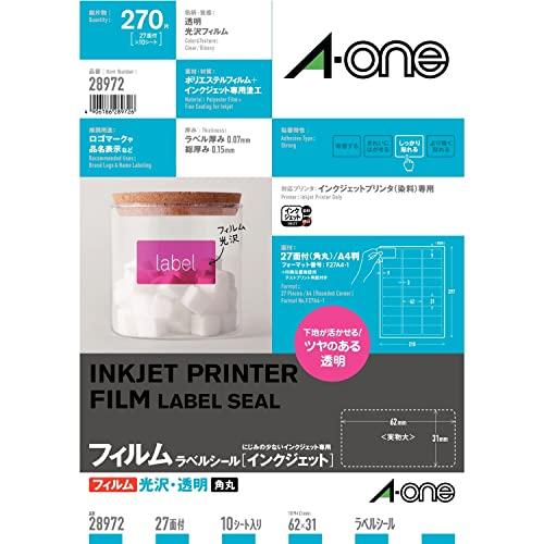 エーワン ラベルシール 光沢フィルム 透明 A4 27面 10シート 28972
