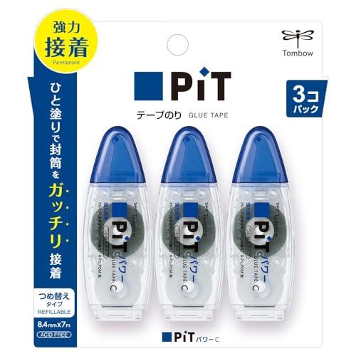 トンボ鉛筆 テープのり 強粘着 PiT パワーC 本体 3個 (つめ替えタイプ) コンパクト 8.4...