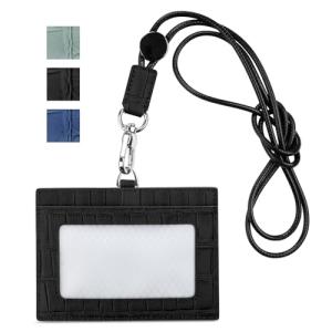 LanFly 本革クロコ IDカード ホルダー ネームホルダー ストラップ 首掛け 横型 両面用 会社員・名札入れ・定期入れ・パスケース カードケース