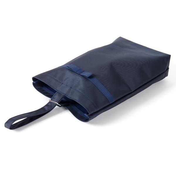 日本製 お受験 シューズバッグ シューズケース リボン付き 紺色 ナイロン製 簡単紐通し マチつき ...