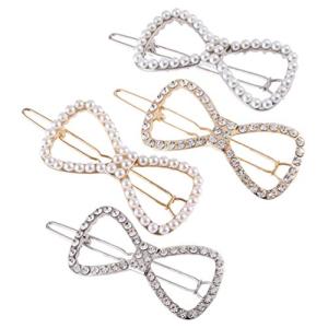 Frcolor ヘアピン パール ラインストーン スリーピン リボン 金 銀 ぱっちん留め 前髪 ヘアクリップ 中空デザイン ヘアアクセサリー