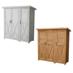 屋外収納庫 ストッカー ベランダ収納庫 木製物置 ナチュラル おしゃれ 大型 ワイド 倉庫 木製物置 ナチュラル 北欧 屋外収納庫 木製大型収納庫 三つ扉 木製収納庫 ガーデン収納庫 カントリー インテリア雑貨店happychoco
