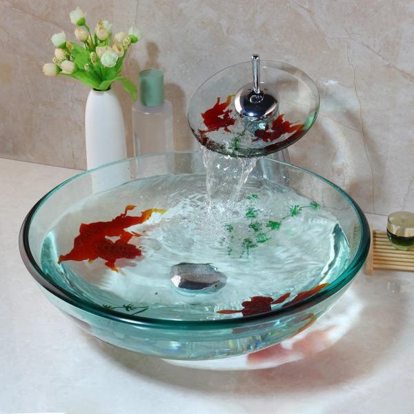 洗面台 洗面化粧台 浴室 強化ガラス アート デザイングラス 滝 金魚 洗面器 洗面ボウル