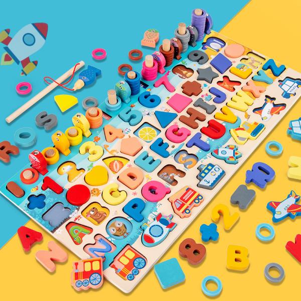知育玩具 モンテッソーリ 教具 おもちゃ 学習玩具 積み木 釣り 車 数字 ゲーム 木製パズル 型は...