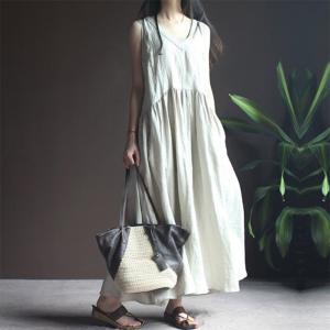 リネンワンピース 綿麻混 マキシワンピース ノースリーブ