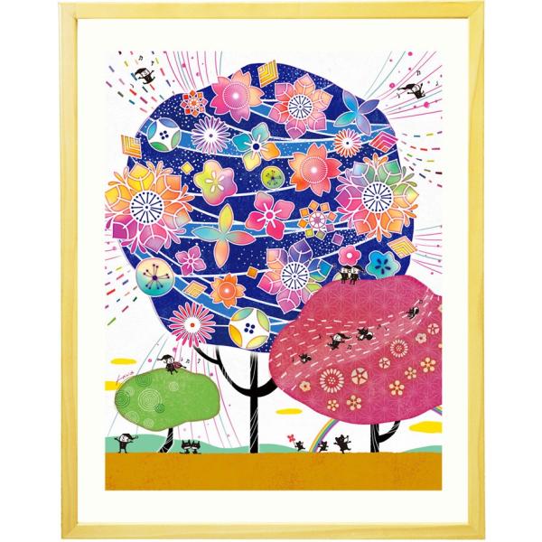 プレゼント 絵 幸せアート(しあわせ花音 藍色 名入れ-Sサイズ) 喜寿祝い 古希祝い 米寿 お祝い...