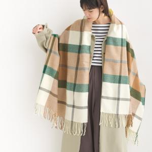 OMNES ウール混大判チェック フリンジストール ユニセックス