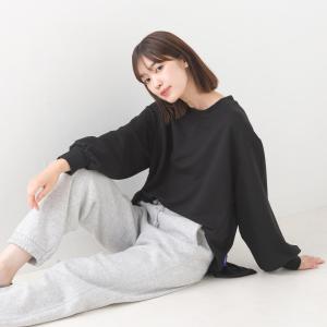 OMNES +3℃蓄熱ストレッチ ボリューム袖Aライン長袖Tシャツ レディース フリーサイズ カジュアル カットソー 無地 シンプル クルーネック 秋冬 暖か オムクロ｜haptic