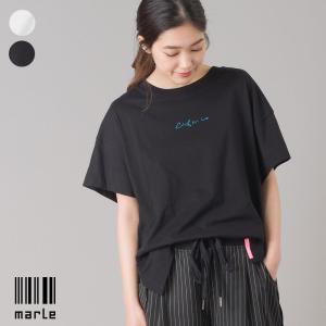 レディース Tシャツ フリーサイズ ロゴT  【marle】スリット入 ロゴ半袖Tシャツ LIFE  ホワイト ブラック｜haptic