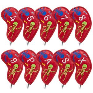 ゴルフアイアンカバー10枚セット,ゴルフヘッドカバー アイアン用 オシャレSKULLデザイン 赤黒白高級レザー製 ゴルフアイアン用ヘッドカバ