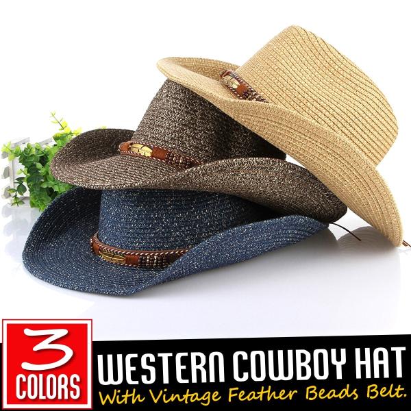 【送料無料!】全3色! アロイフェザービーズベルトウェスタンカウボーイハット! 帽子 テンガロンハッ...