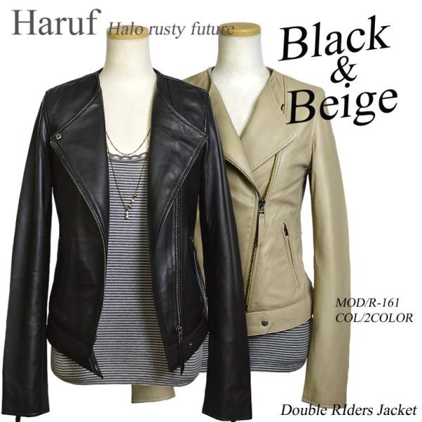 レザージャケット レディース 本革 革ジャン ノーカラー ライダースジャケット ラムレザー ダブル ...