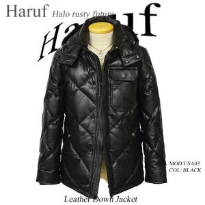 雰囲気◎ Haruf 馬革 ダイヤキルト レザーダウンジャケット ブラック LL レザーダウン ダウンジャケット ダウンコート 革ジャン メンズ