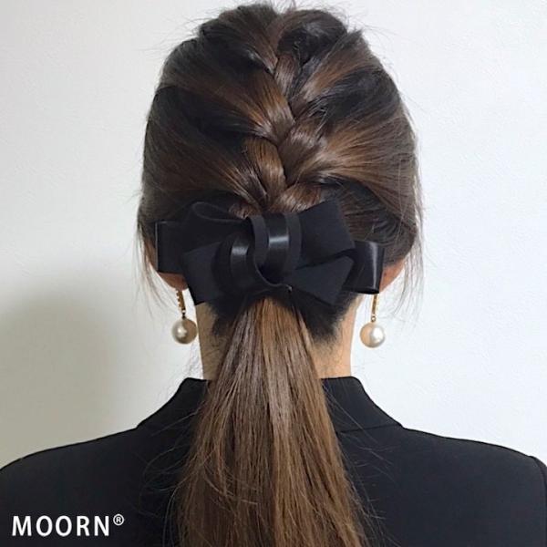 リボン バレッタ 黒 ブラック サテン ヘアアクセサリー フォーマル 冠婚葬祭 通勤 シンプル 爆買