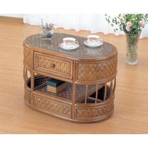 今枝商店 ラタンテーブル 円形 ガラス天板 棚付 籐家具 直径60cm