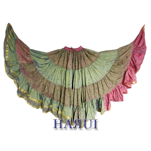 新入荷 インド製 ベリーダンス 25ヤード シルク ジプシー スカート グリーン 紫