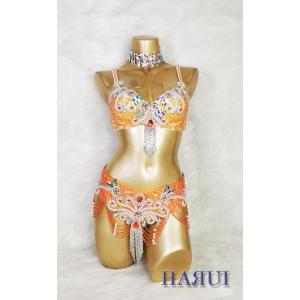 ベリーダンス 衣装 ブラ ベルト パール しずく 上下2点 セット オレンジ