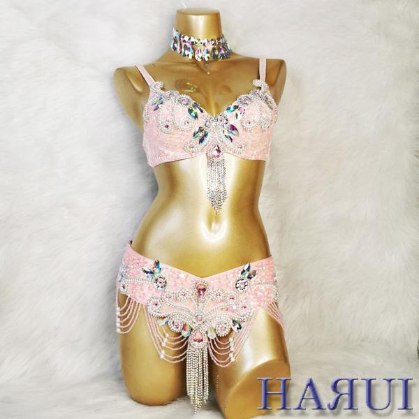 USサイズ ベリーダンス 衣装 ブラ ベルト パール しずく 上下2点 セット ピンク