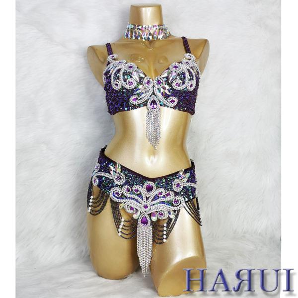 USサイズ ベリーダンス 衣装 ブラ ベルト パール しずく 上下2点 セット 紫