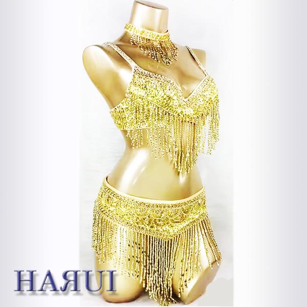 USサイズ ベリーダンス 衣装 オールスパン ブラ ベルト チョーカー 3点セット ゴールド
