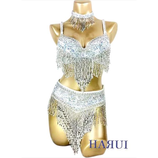 ベリーダンス衣装 オールスパン ブラ ベルト アクセ ３点セット シルバー