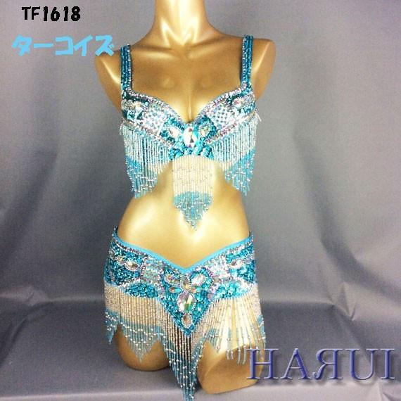 USサイズ ベリーダンス 衣装 しずく形 ビーズ ブラ ベルト 2点セット 水色