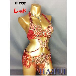 USサイズ ベリーダンス 衣装 Vドロップ ブラ ベルト 上下2点 セット レッド ワンランクUP