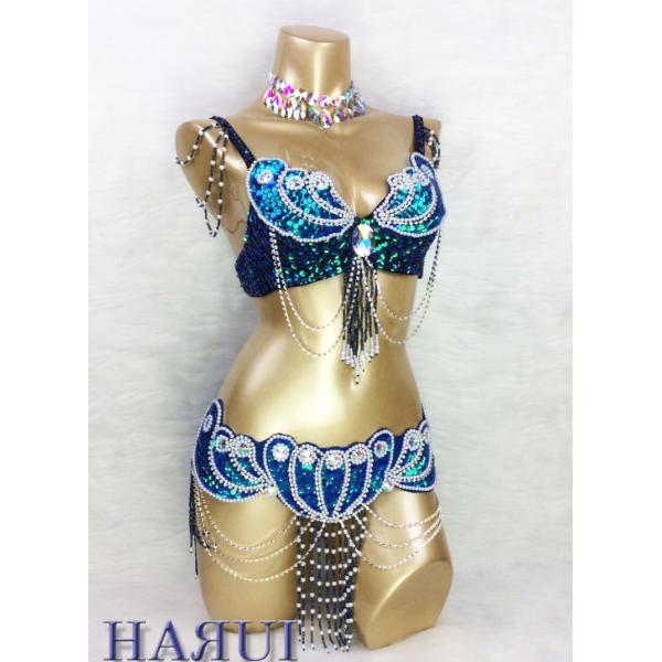 ベリーダンス 衣装 パールデザイン ブラ ベルト 2点セット 青