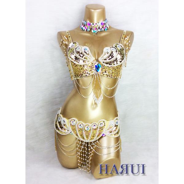 ベリーダンス 衣装 パールデザイン ブラ ベルト 上下2点セット ゴールド