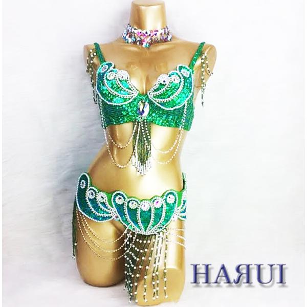 USサイズ パールデザイン ブラ ベルト 上下2点セット　グリーン