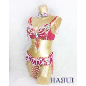 ベリーダンス 衣装 ブラ ベルト パール しずく 上下2点 セット 紫