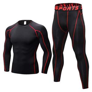 sillictor コンプレッション ウェア 上下 セット メンズ 長袖 シャツ ＋ ロング タイツ  1059+1060 ブラック/レッド-M