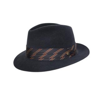 紳士帽子 日本製 ラビットファーフェルト レジメンタル ネクタイ柄 段巻 リボン 中折れハット ブラ...